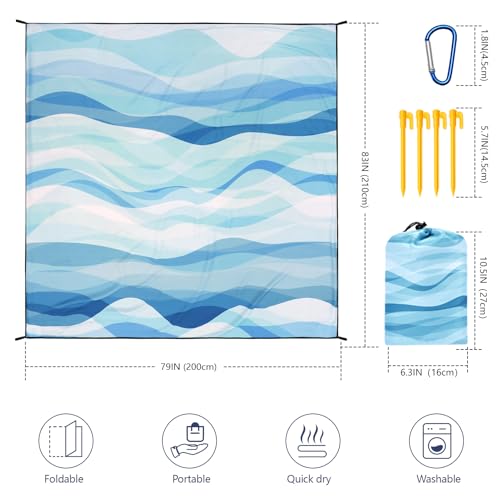AISPARKY Beach Blanket Waterproof Sandproof Extra Large, Oversized Beach Mat, Quick Drying&Compact&Lightweight, Picnic Blankets Vacation Essentials for Outdoor Beach Camping (79" X 83" (4 Person)) - color: Blue - Ocean Waves, size: 6'11" x 6'7"