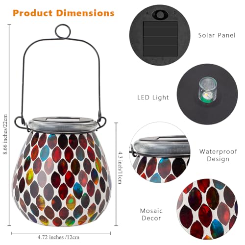 Starsoul 2 Pack Solar Lanterns Outdoor Waterproof, Exquisite Colorful Mosaic Glass Solar Garden Decor, Gifts for Women Mom Grandma - color: Red-2PC