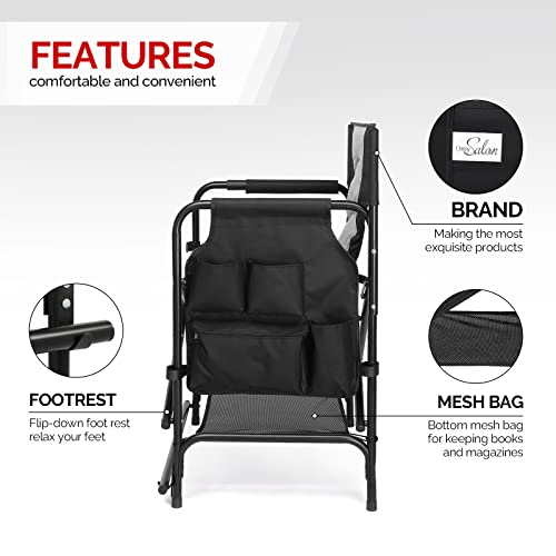 mefeir Professional Makeup Artist Director Chair 22" Standard Height, Portable Folding Design with Side Table & Storage Bag, Heavy-Duty Iron Frame (300 lbs Capacity) - color: Black/Gray, size: 22in