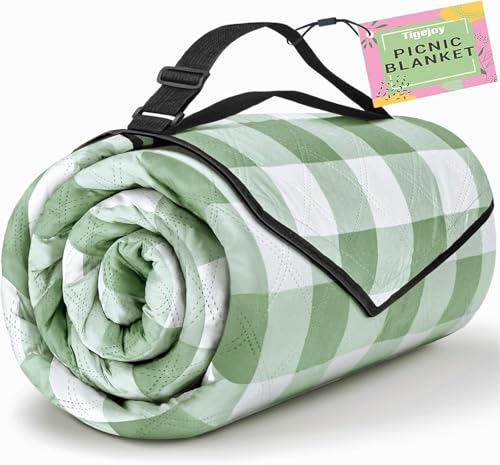 TigeJoy Extra Large Picnic Blanket Waterproof Foldable 80''x100'', Outdoor Picnic Mat Beach Blanket Sandproof for Park, Grass, Travel, Hiking, Camping Essentials, Gingham Picnic Blanket - color: Green, size: 8'4" x 6'8" (Rectangular)