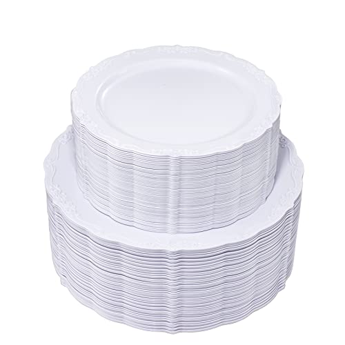 U-QE 100 Pieces White Plastic Plates - White Disposable Plates - Premium Hard Plastic Disposable Plates for Wedding and Party Use Including 50 Dinner Plates 10 '' & 50 Dessert Plates 7.5 '' - color: White