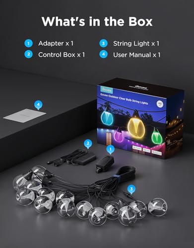 Govee Clear Bulb Outdoor String Lights, 48ft RGBWIC Dimmable Patio & Backyard Lights with 15 LED Bulbs, 111 Modes, IP67 Waterproof & Shatterproof, Works with Alexa, Google & Matter - size: 48ft