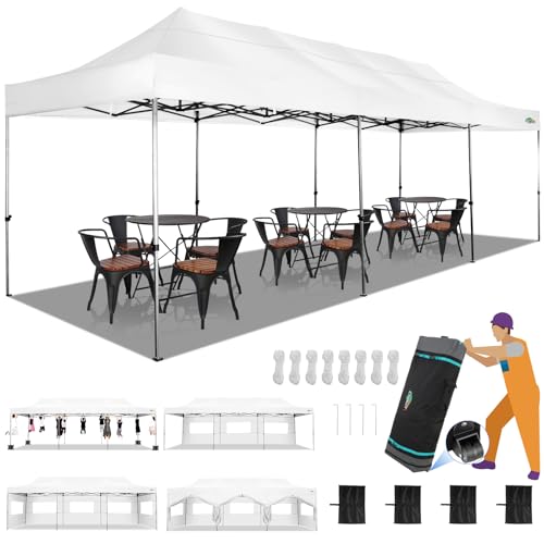 COBIZI 10x30 Heavy Duty Pop up Canopy with 8 sidewalls Party Tent for Parties Weddings Events UPF 50+ Waterproof Commercial Gazebo with Roller Bag, White(Frame Thickened) - color: White, size: 10x30 With 8 Sidewalls