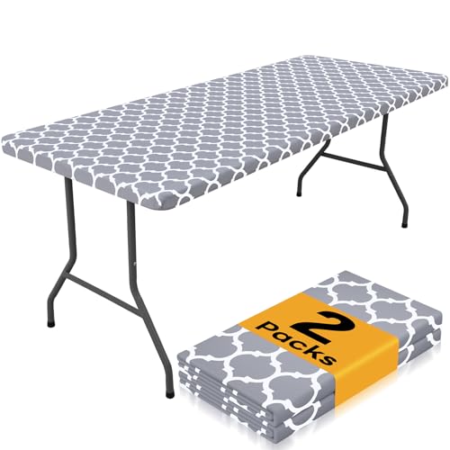Smiry 2 Pack Rectangle Table Cloth 5 Foot, Waterproof Elastic Fitted Tablecloths, Windproof Washable Polyester Table Cover for Picnic, Camping, Outdoor (Grey, 36"x60") - color: Grey, size: 36"x60"