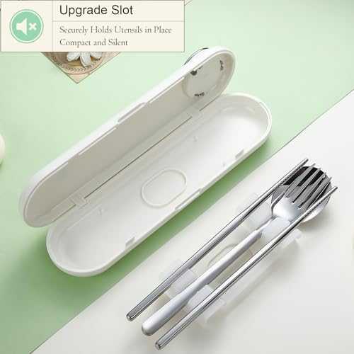 DEVICO Travel Utensils with Case Cute, Reusable Silverware for Lunch, Portable Cutlery Set, 18/8 Stainless Steel Fork Spoon Chopsticks in Cartoon Case, Dishwasher Safe (White) - color: White
