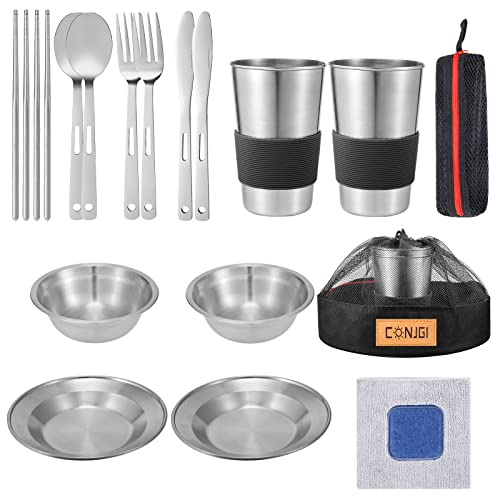 Outdoor Camping Mess Kit - 1 to 2 persons Camping Dishes Includes Cups, Bowls, Dishes, Knives, Forks, Spoons, Etc, Camping Dinnerware Set with Mesh Bag is Easy to Carry Camping Tableware Set - color: 2 person set black