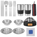 Outdoor Camping Mess Kit - 1 to 2 persons Camping Dishes Includes Cups, Bowls, Dishes, Knives, Forks, Spoons, Etc, Camping Dinnerware Set with Mesh Bag is Easy to Carry Camping Tableware Set - color: 2 person set black
