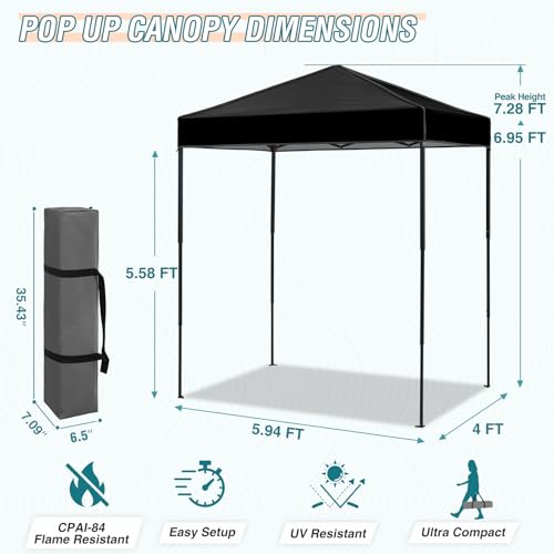 EAGLE PEAK 6x4 Instant Pop Up Canopy Tent, Straight Leg Sun Shelter, Portable Canopy with Carry Bag for Camping, Beach & Sports, Black - color: Black, size: No Wall