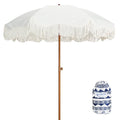 AMMSUN Boho Fringe Umbrella with Outdoor Blanket, 6.5ft UPF50+ Picnic Umbrella with Tassels with Steel Pole & Push Button Tilt, Antique White - color: Antique White with Blanket