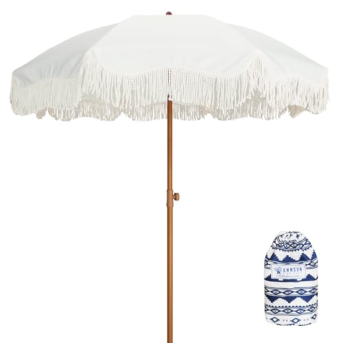 AMMSUN Boho Fringe Umbrella with Outdoor Blanket, 6.5ft UPF50+ Picnic Umbrella with Tassels with Steel Pole & Push Button Tilt, Antique White - color: Antique White with Blanket