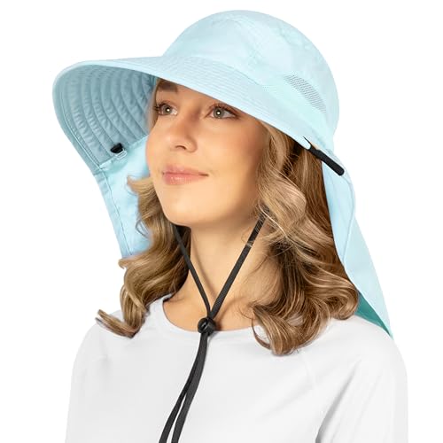 SUN CUBE Wide Brim Sun Hat with Neck Flap, UPF50+ Hiking Safari Fishing Hat for Men Women, Sun Protection Beach Hat - color: Light Blue