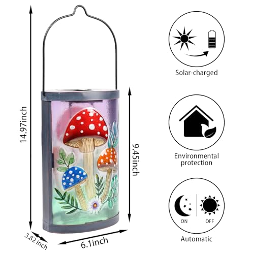 Hanging Solar Lantern Outdoor Waterproof Mushroom Solar Lights Glass Tabletop Decorative Lamp for Outdoor Patio Garden Outside Yard Decor - style: Mushroom