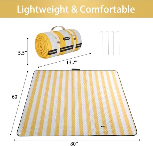 HX&OD Outdoor Picnic Blanket Extra Large, 80''*60'' Waterproof Picnic Mat with Stakes Foldable Camping Blanket Portable with Carry Strap for Beach Mat (Green& White, 80''*60'') - color: Yellow& White, size: 5' x 6'8" (Rectangular)