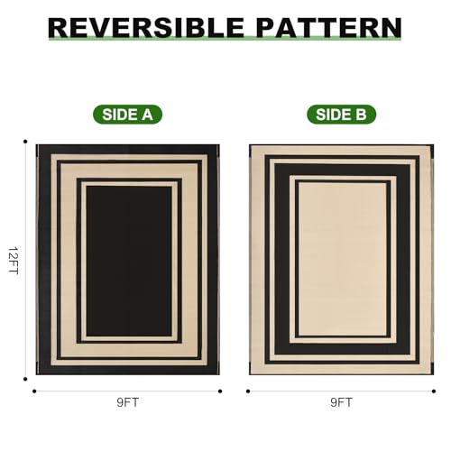 RURALITY Outdoor Rug 9x12 Waterproof for Patio Clearance,Large Plastic Straw Mat for Camping,Porch,RV,Reversible,Black and Beige - color: Panel-black&beige, size: 9' x 12' (Rectangular)