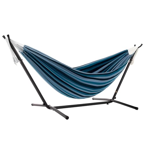 Vivere Double Cotton Hammock with Space Saving Steel Stand, Upgraded Polyester End Strings 450 lb Capacity - Premium Carry Bag Included - USA Grown Cotton (Blue Lagoon) - color: Blue Lagoon