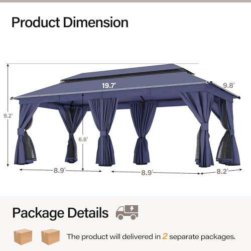 LAUSAINT HOME 10'x20' Outdoor Patio Gazebo with 100FT String Lights, Heavy Duty Party Tent & Shelter with Double Roofs, Mosquito Nettings and Privacy Screens for Backyard, Garden, Deck (Navy Blue) - color: Navy Blue, size: 10'x20' with lights