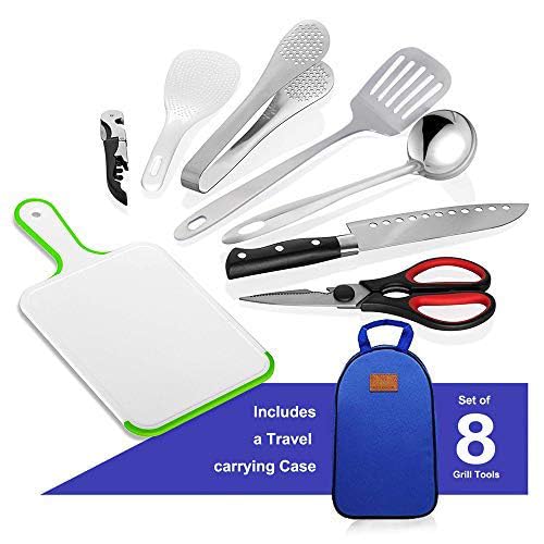 Camp Kitchen Utensil Organizer Travel Set Portable BBQ Camping Cookware Stainless Steel Utensils Travel Kit Outdoor Equipment Cutting Board Tongs Scissors Knife Ladle Spatula - color: Blue