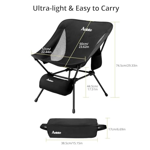 Anbte Extra Height & Width Portable Camping Chair, 400LBS Capacity Compact Folding Chair with Square Frame Quick Setup Storage Bags on Both Sides, Ideal for Camping Hiking Beach Picnic Outdoor, Black
