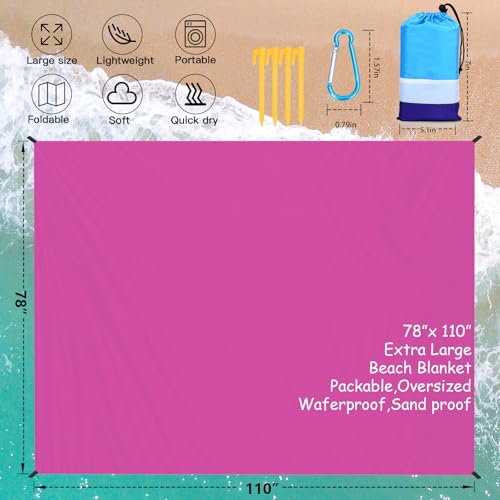 Beach Blanket Waterproof Sandproof Oversized Lightweight 78''×110'' 1-7 Adults Blanket Beach Large Picnic Mat for Travel Camping Hiking Picnic - color: Raspberry, size: 78''x110''