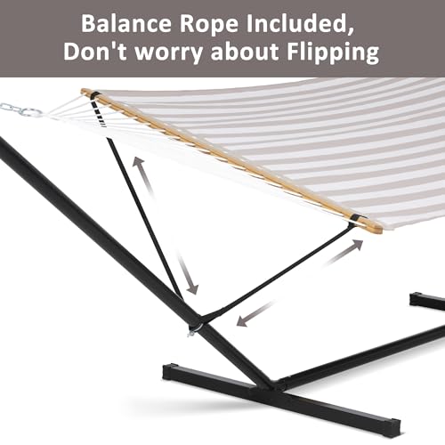 SUNCREAT Double Hammock with Stand Included, Outdoor Portable Hammock with Stand, Light Gray Stripes - color: Light Gray, size: 78.7 x 55.1 in, Hammock with 144 in Stand