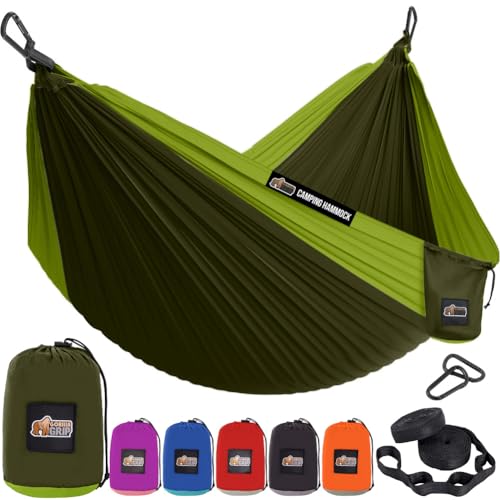 GORILLA GRIP Durable Camping Hammock with Heavy Duty Tree Straps, Portable Hammocks for Outside, Easy to Use Travel Swing Chair, Outdoor Camper Hiker Essentials, Backpacking Gear Gifts, Single, Green - color: Dark Green/Light Green, size: Single (9' x 4.5
