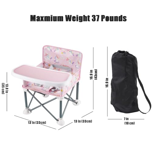 PandaEar Portable Baby Booster Seat | Compact Fold with Safety Straps & Feeding Tray for Indoor/Outdoor Use | Great for Travel, Camping, Beach, Lawn | Toddlers, Kids, Boys, Girls (Pink Unicorn)