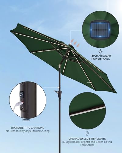 7.5/9/10 ft Outdoor Patio Umbrella with Solar Lights - Small Heavy Duty Beach/Table/Pool/Deck/Market Umbrella, Dual Charging, Tilt, APP & Button Control, UV/Fade-Resistant - color: Dark Green, size: 7.5 ft
