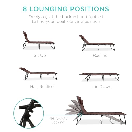 Best Choice Products Patio Chaise Lounge Chair, Portable Outdoor Folding Recliner for Lawn, w/ 8 Positions, Handles, 300lb Capacity - Brown - color: Brown