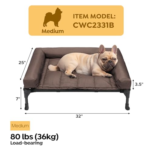 Veehoo Cooling Elevated Dog Bed Add Removable Waterproof Bolster Cushion Mat, Raised Pet Cot with Breathable Teslin Mesh, No-Slip Feet, Dog Sofa Bed for Indoor Outdoor, Medium, Brown CWC2331B - color: Brown, size: 32.0"L x 25.0"W x 7.0"Th