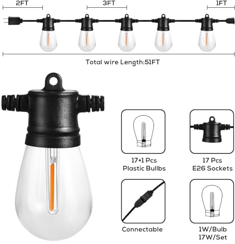 Banord 51FT Outdoor Shatterproof LED String Lights, Waterproof 17 Hanging Sockets with 18 x Dimmable LED Bulb Garden Light String, Waterproof Vintage Patio Lights for Wedding Party - size: 1 Pack 51FT