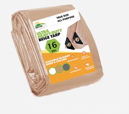 16 MIL Thick Ultra Heavy Duty Beige Tarp 6'x8'(True Size) 3ply Waterproof 9.5 oz UV Protected Multipurpose Protective Cover Rain Tarpaulin - color: Beige, size: 6' x 8'