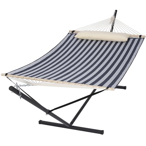 SUNCREAT Double Hammock with Stand Included, Outdoor Portable Hammock with Stand, Blue - color: Blue, size: 78.7 x 55.1 in, Hammock with 144 in Stand
