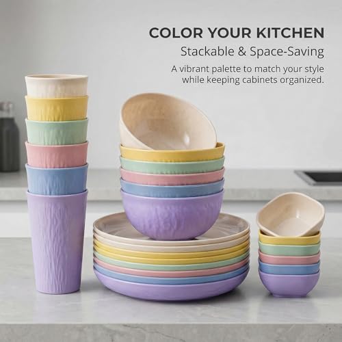 SHECIPIN 24-Piece Wheat Straw Dinnerware Set, Large Round Plates, Bowls and Cups, Unbreakable dish set, Dishwasher and Microwave Safe, Outdoor Camping Dishes - color: Colorful+ dipping sauce cups