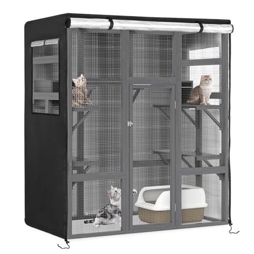 Catio Cover, 64" L x 34" W x 71" H Waterproof Cover for Outdoor Cat Enclosure, 420D Cat Cage Cover for Nyeekoy Catios, Black (Catio Not Included) - size: 64"L x 34"W x 71"H for Nyeekoy