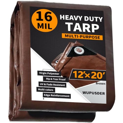 Tarps Heavy Duty Waterproof 12x20ft, 16Mil Poly Tarps with Grommets, UV Resistant, Brown Multipurpose Tarpaulin with Reinforced Edges, Camping, Outdoor Coverings - color: Brown-16mil, size: 12'×20'