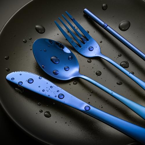 Boulder Bee | Travel Utensils Set | Reusable Camping Cutlery Set | Stainless Steel Flatware Set | Portable Silverware Set with Case | Includes Knife/Fork/Spoon/Straw/Cleaning Cloth/Case (Blue) - color: Blue