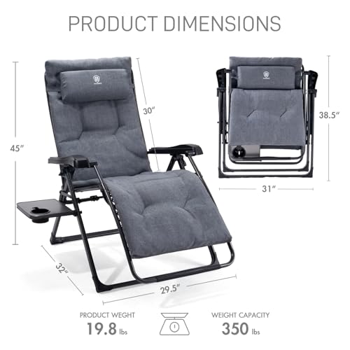 EVER ADVANCED Thick Padded Zero Gravity Chair, Oversized Reclining Lounge Chair with Adjustable Headrest & Cup Holder, Heavy Duty Support 350 lbs, Foldable for Camping, Lawn, Outdoor & Indoor - color: Grey, style: 1 Pack