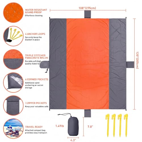 Beach Blanket Waterproof Sandproof Beach Mat 10 x 9ft Extra Large Quick Drying Oversized Lightweight Sand Free Outdoor 120"×108" Picnic Blanket for Vacation Camping Hiking - color: Dark Grey