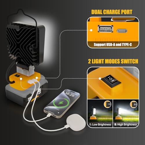 2 Pcs Cordless LED Work Light for Dewalt 20v Max Battery, 112W 11200LM Battery Light for Dewalt 20v Tools, Portable Outdoors Flood Lighting with USB & Type-C Charging Port, Low Voltage Protection - size: 11200LM - 2 Pack