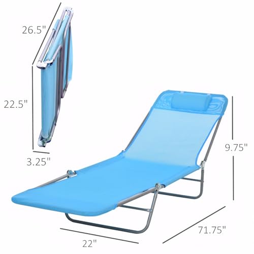 Majnesvon Outdoor Tanning Chair with Pillow, Folding Chaise Lounge Chair with Adjustable Backrest, Portable Lay Flat Beach Lounge Chairs for Sunbathing Poolside Patio Lawn Camping(Blue 2) - color: Blue 2