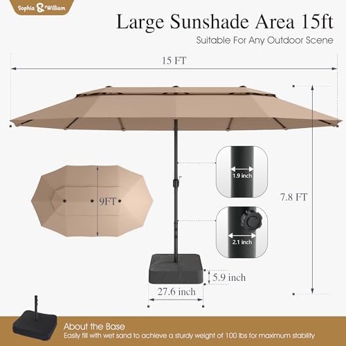 Sophia & William 15ft Extra Large Patio Umbrella with Base Included, 2-Tier Double-Sided Rectangle Outdoor Umbrella with Stand, Market Umbrella for Pool Garden Backyard, Beige - color: Beige 2-Tier