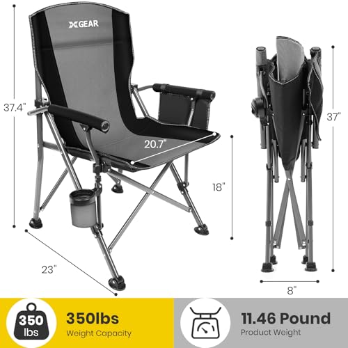 XGEAR Camping Chair with Padded Hard Armrest, Sturdy Folding Camp Chair with Cup Holder, Storage Pockets Carry Bag Included, Support to 400 lbs - color: 1-grey