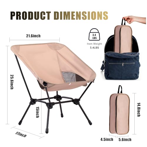 Ultralight Folding Camping Chair, 2-in-1 Height Adjustable, Square Frame for Stability, Quick Setup for Hiking Beach Fishing Motorcycle Travel - color: Khaki - Low Back