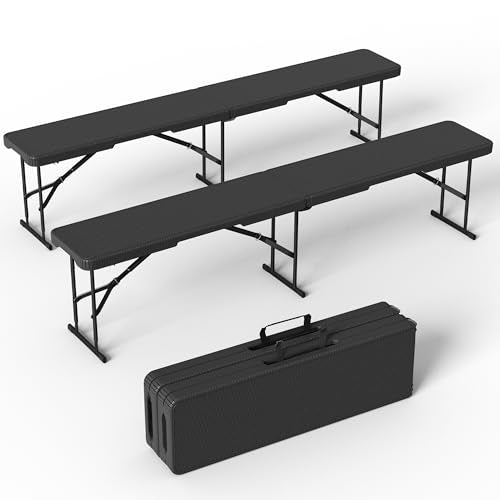VSOAEIL 6 Foot Folding Bench, Portable Plastic Folding Bench Seat, Foldable Seat for Indoor Outdoor Picnic Camping Dining, Soccer Garden Multipurpose Entertaining Activities, Black Rattan, 2 Pack - color: Black Rattan, size: 2 Pack