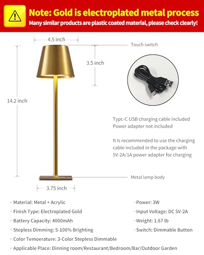KDG 2 Pack Cordless Table Lamp,Portable LED Desk Lamp, 4000mAh Battery Operated, 3 Color Stepless Dimming Up, for Restaurant/Bedroom/Bars/Outdoor Party/Camping/Coffee Shop Night Light(Gold) - color: Electroplated Gold-2
