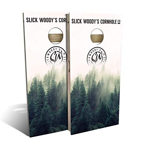 Slick Woody's Professional-Grade Cornhole Boards - 4'x2' Solid Wood Regulation Man Cave + Beer Branded Corn Hole Toss Game with 8 Resin Filled Bags - color: Foggy Forest