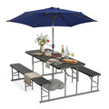 VINGLI Folding Picnic Table and Bench Set with Umbrella, Portable Outdoor Dining Furniture for Camping, Patio, Backyard, Wood Grain Plastic Top with Metal Frame (White) - color: Black, style: With Umbrella