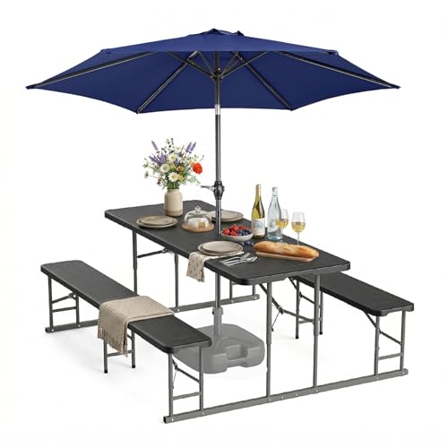 VINGLI Folding Picnic Table and Bench Set with Umbrella, Portable Outdoor Dining Furniture for Camping, Patio, Backyard, Wood Grain Plastic Top with Metal Frame (White) - color: Black, style: With Umbrella