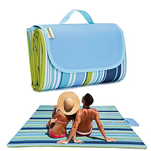 K Y KANGYUN Picnic Blanket | Beach Mat| Picnic Blankets for Indoor and Outdoor, 80" x 60" Sandproof Waterproof Larger Mats for Travel, Camping, Hiking, Park Grass, Handy Tote, Foldable (Blue Line) - color: Blue