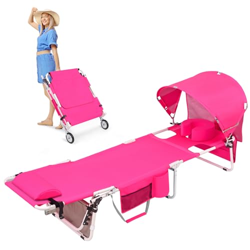 Wheel-To-Go Tanning Chair with Wheels Sun Canopy Umbrella Face Hole Thicker Washable Adjustable, Heavy Duty Folding Sun Lounge Chair Beach Outside Sunbathing Reading, UPF 50+, Pink (Patent Design) - color: Pink, style: Standard Size + Sun Canopy Style